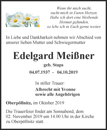 Traueranzeige von Edelgard Meißner von Ostthüringer Zeitung