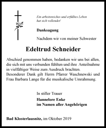 Traueranzeige von Edeltrud Schneider von Ostthüringer Zeitung