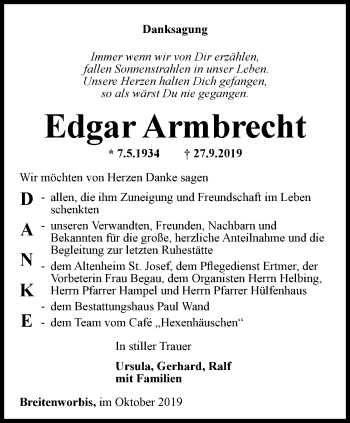 Traueranzeige von Edgar Armbrecht von Thüringer Allgemeine