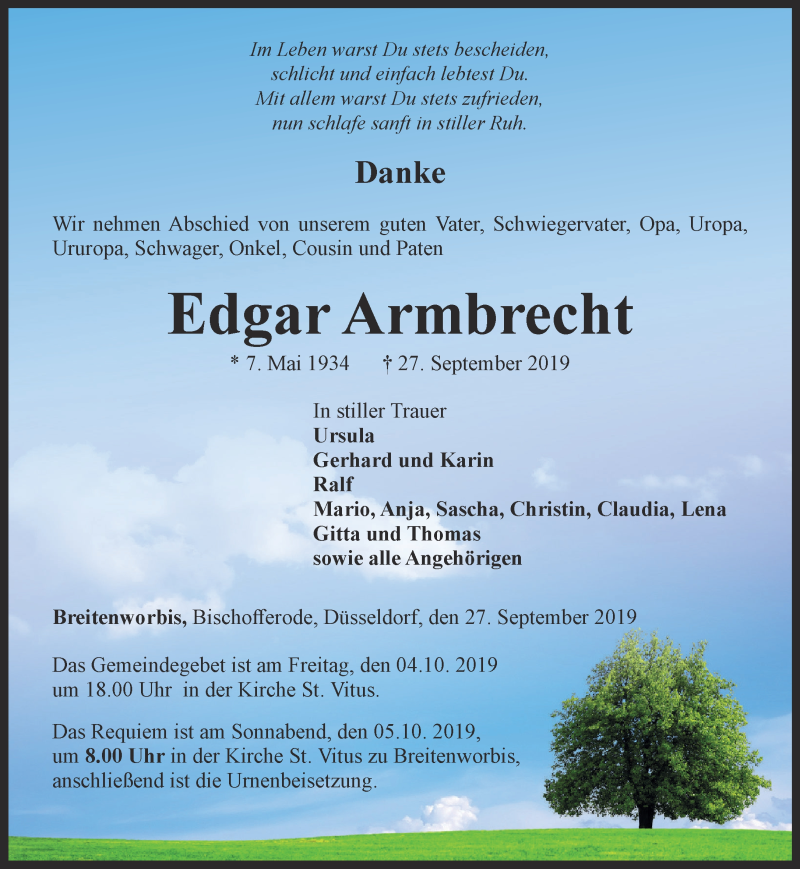  Traueranzeige für Edgar Armbrecht vom 02.10.2019 aus Thüringer Allgemeine