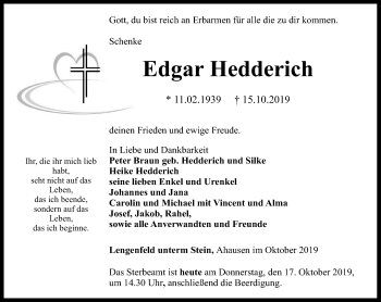 Traueranzeige von Edgar Hedderich von Thüringer Allgemeine, Thüringische Landeszeitung