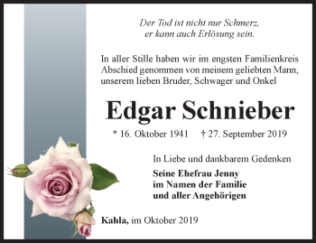 Traueranzeige von Edgar Schnieber von Ostthüringer Zeitung, Thüringische Landeszeitung