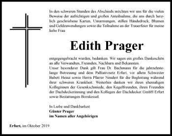 Traueranzeige von Edith Prager von Thüringer Allgemeine, Thüringische Landeszeitung