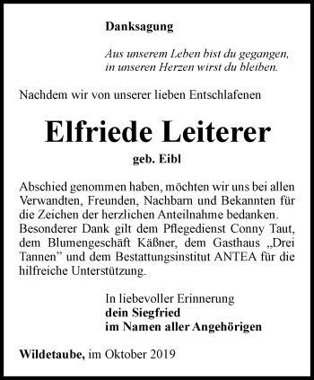 Traueranzeige von Elfriede Leiterer von Ostthüringer Zeitung