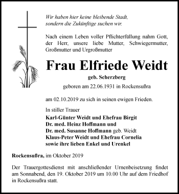 Traueranzeige von Elfriede Weidt von Thüringer Allgemeine