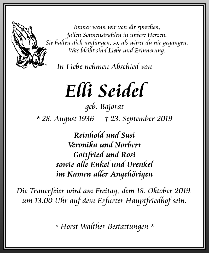  Traueranzeige für Elli Seidel vom 05.10.2019 aus Thüringer Allgemeine, Thüringische Landeszeitung