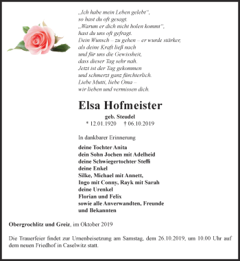 Traueranzeige von Elsa Hofmeister von Ostthüringer Zeitung