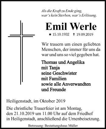 Traueranzeige von Emil Werle von Thüringer Allgemeine