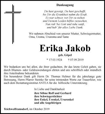 Traueranzeige von Erika Jakob von Ostthüringer Zeitung