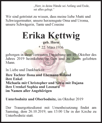 Traueranzeige von Erika Kettwig von Ostthüringer Zeitung, Thüringische Landeszeitung