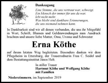 Traueranzeige von Erna Köthe von Thüringer Allgemeine, Thüringische Landeszeitung