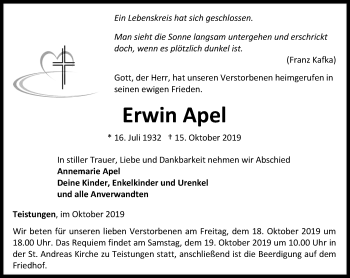 Traueranzeige von Erwin Apel von Thüringer Allgemeine