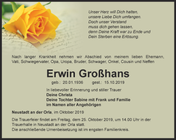 Traueranzeige von Erwin Großhans von Ostthüringer Zeitung