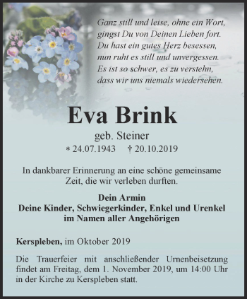Traueranzeige von Eva Brink von Thüringer Allgemeine, Thüringische Landeszeitung