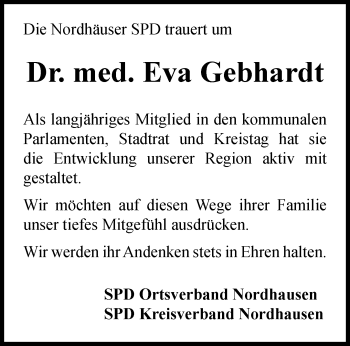 Traueranzeige von Eva Gebhardt von Thüringer Allgemeine