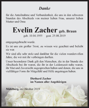 Traueranzeige von Evelin Zacher von Ostthüringer Zeitung, Thüringische Landeszeitung
