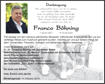 Traueranzeige von Franco Böhning von Thüringer Allgemeine