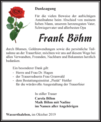 Traueranzeige von Frank Böhm von Thüringer Allgemeine