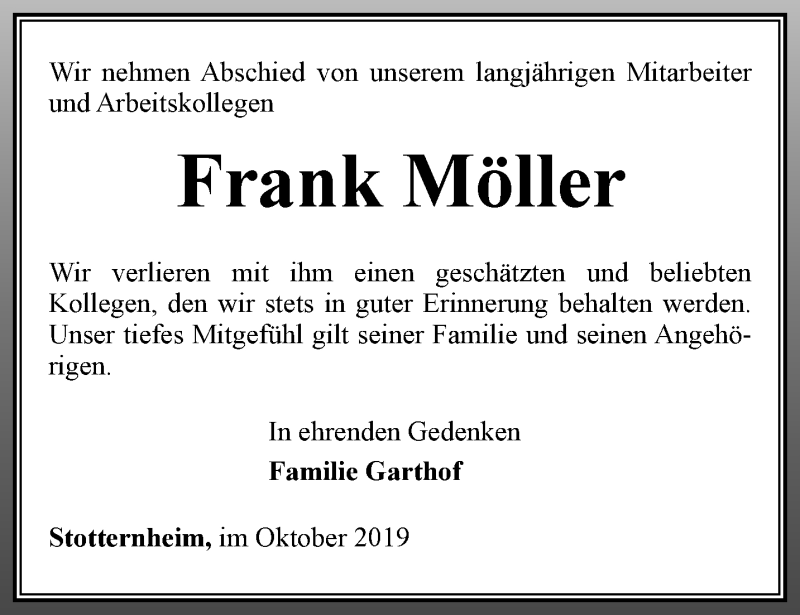  Traueranzeige für Frank Möller vom 09.10.2019 aus Thüringer Allgemeine, Thüringische Landeszeitung