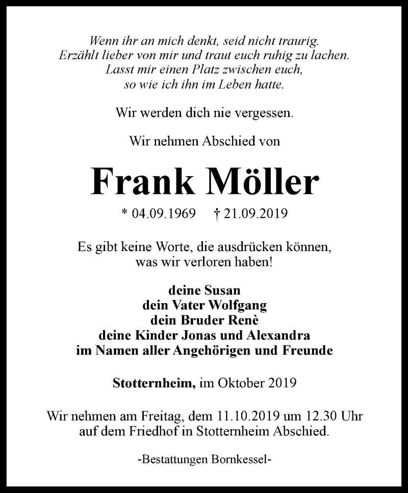  Traueranzeige für Frank Möller vom 05.10.2019 aus Thüringer Allgemeine, Thüringische Landeszeitung