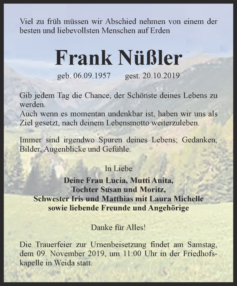  Traueranzeige für Frank Nüßler vom 26.10.2019 aus Ostthüringer Zeitung