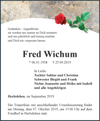 Traueranzeige von Fred Wichum von Thüringer Allgemeine, Thüringische Landeszeitung