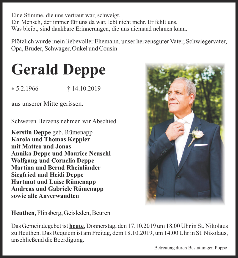  Traueranzeige für Gerald Deppe vom 17.10.2019 aus Thüringer Allgemeine