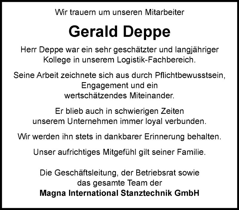  Traueranzeige für Gerald Deppe vom 19.10.2019 aus Thüringer Allgemeine