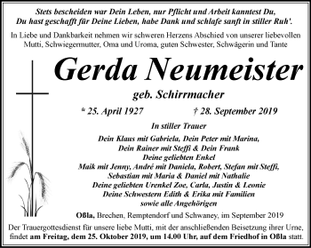 Traueranzeige von Gerda Neumeister von Ostthüringer Zeitung