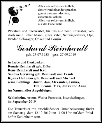 Traueranzeige von Gerhard Reinhardt von Thüringer Allgemeine, Thüringische Landeszeitung