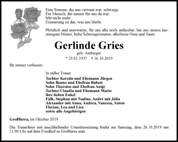 Traueranzeige von Gerlinde Gries von Thüringer Allgemeine