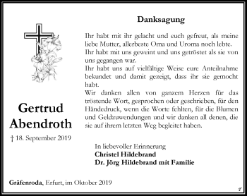 Traueranzeige von Gertrud Abendroth von Thüringer Allgemeine