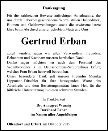 Traueranzeige von Gertrud Erban von Thüringer Allgemeine, Thüringische Landeszeitung