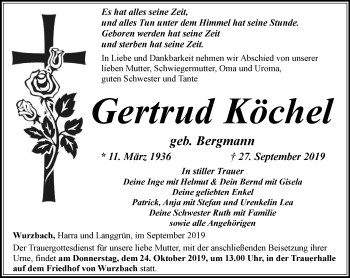 Traueranzeige von Gertrud Köche von Ostthüringer Zeitung