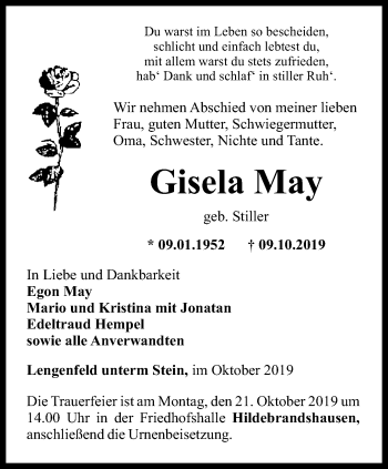 Traueranzeige von Gisela May von Thüringer Allgemeine, Thüringische Landeszeitung