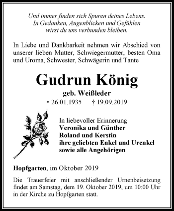 Traueranzeige von Gudrun König von Thüringer Allgemeine, Thüringische Landeszeitung