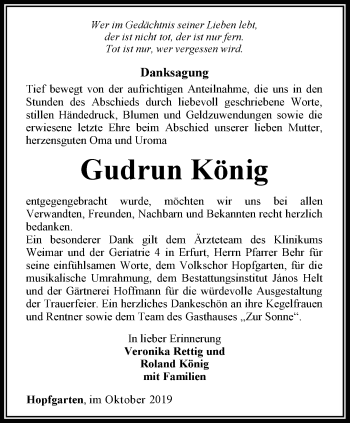 Traueranzeige von Gudrun König von Thüringer Allgemeine, Thüringische Landeszeitung