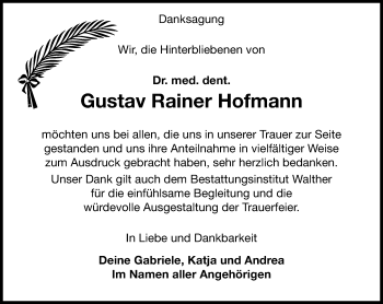 Traueranzeige von Gustav Rainer Hofmann