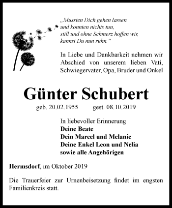 Traueranzeige von Günter Schubert von Ostthüringer Zeitung