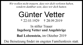 Traueranzeige von Günter Vetter von Ostthüringer Zeitung