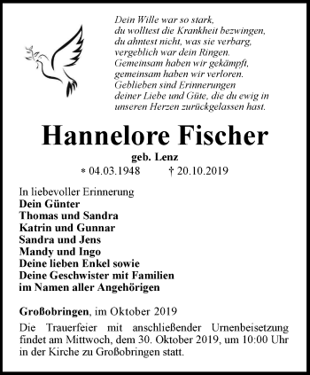 Traueranzeige von Hannelore Fischer von Thüringer Allgemeine, Thüringische Landeszeitung