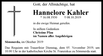 Traueranzeige von Hannelore Kahler von Thüringer Allgemeine