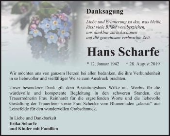 Traueranzeige von Hans Scharfe von Thüringer Allgemeine