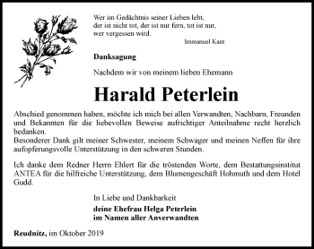 Traueranzeige von Harald Peterlein von Ostthüringer Zeitung