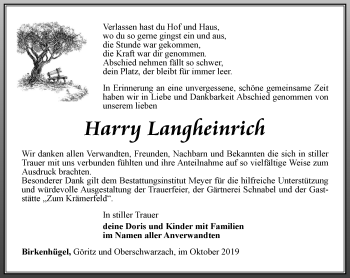 Traueranzeige von Harry Langheinrich von Ostthüringer Zeitung