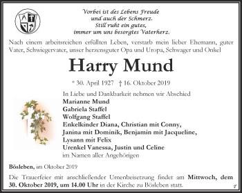 Traueranzeige von Harry Mund von Thüringer Allgemeine