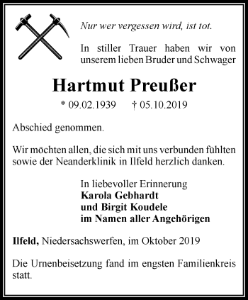 Traueranzeige von Hartmut Preußer von Thüringer Allgemeine