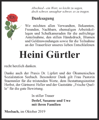 Traueranzeige von Heini Gürtler von Thüringer Allgemeine, Thüringische Landeszeitung