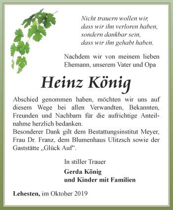 Traueranzeige von Heinz König von Ostthüringer Zeitung