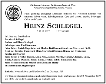 Traueranzeige von Heinz Schlegel von Ostthüringer Zeitung